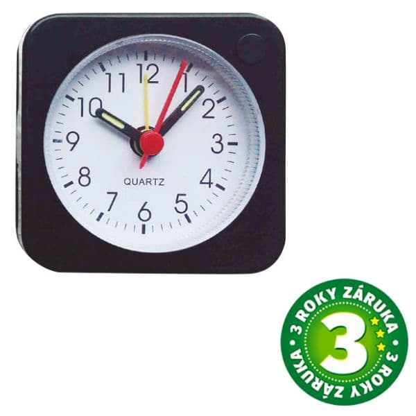 Malý analogový budík Dovelis, 6cm, na 1 baterii AA, tichý chod, černý, 3 roky záruka