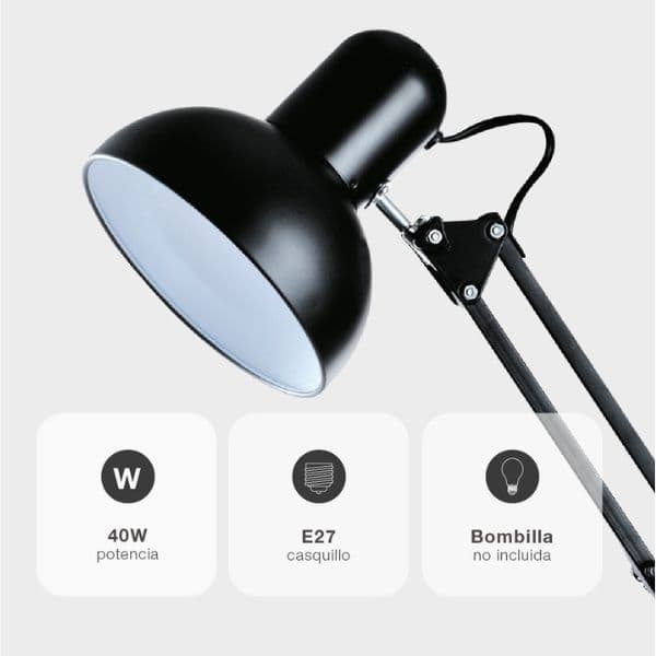 Kloubová stolní lampa na 1 žárovku E27, 40W, se šroubovacím úchytem, černá, 3 roky zár. - náhled 4