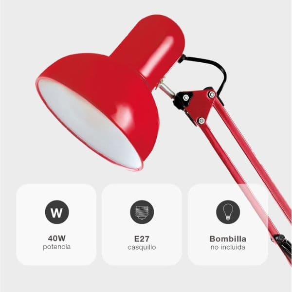 Kloubová stolní lampa na 1 žárovku E27, 40W, se šroubovacím úchytem, červená, 3 roky zár. - náhled 4