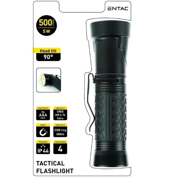 Hliníková taktická CREE LED svítilna 5W 500lm IP44,otočná hlava o 90°, černá - náhled 3