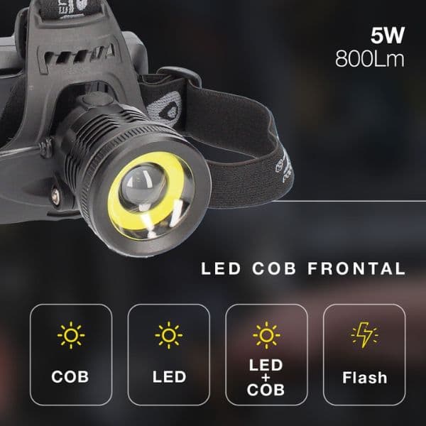 Výkonná nabíjecí LED čelovka 5+3W 800lm IPX4, hliník, černá, 3 roky záruka - náhled 4