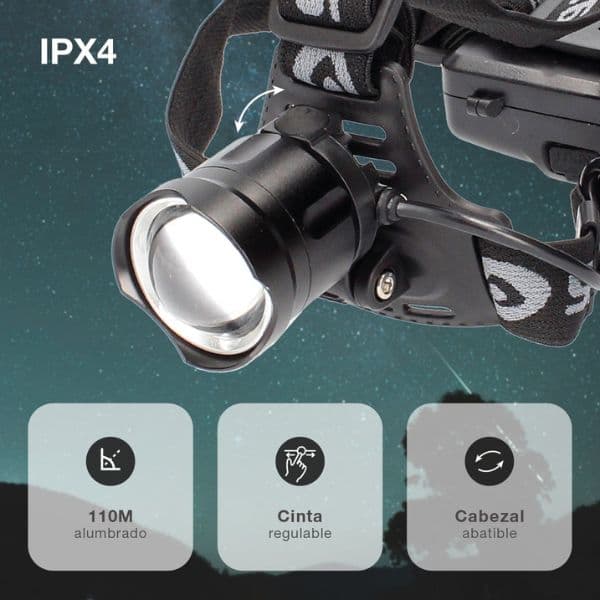 Výkonná nabíjecí LED čelovka 10W 1000lm IPX4, Zoom, hliník, černá, 3 roky záruka - náhled 3