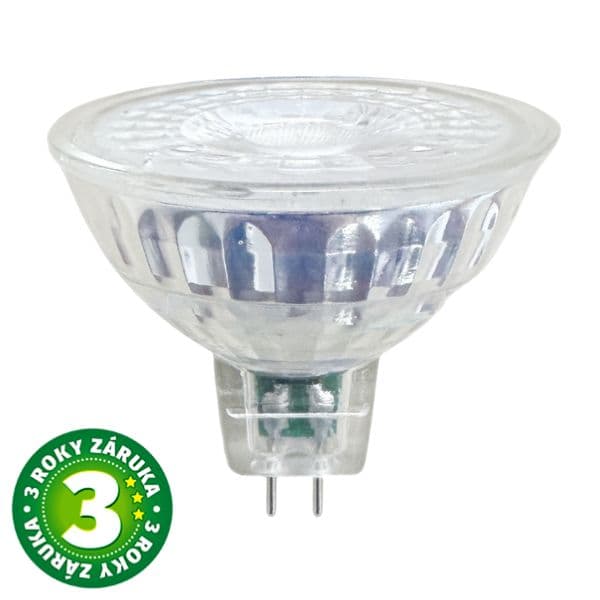 Prémiová LED žárovka MR16 5,5W 445lm 12V, skleněná, studená, ekv. 38W, 3 roky záruka