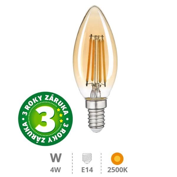 Prémiová designová retro LED žárovka E14 4W 400lm, EXTRA TEPLÁ, filament, ekv. 35W, 3 roky