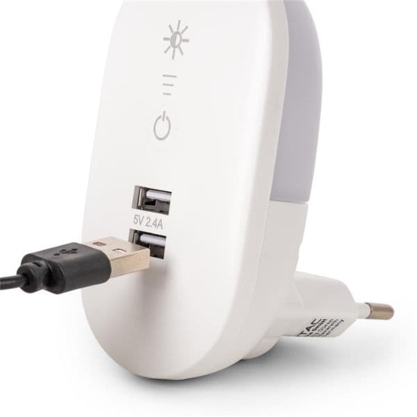 Noční světlo do zásuvky bez senzoru, dotykové, stmívatelné, 1,5W se 2 USB porty, teplá - náhled 4