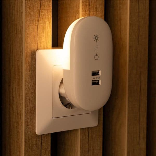 Noční světlo do zásuvky bez senzoru, dotykové, stmívatelné, 1,5W se 2 USB porty, teplá - náhled 5