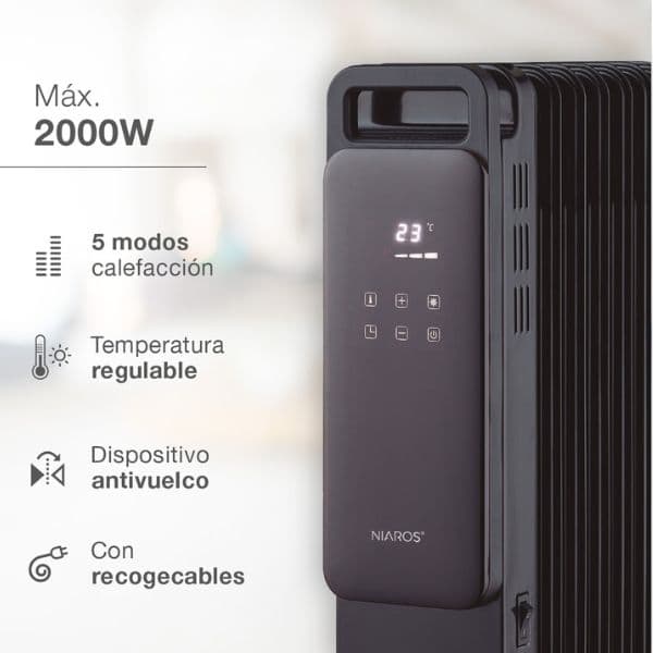 Olejový radiátor 4 režimy max 1500W termostat 5-30°C 7 žeber displej dálkové ovl. kolečka - náhled 2