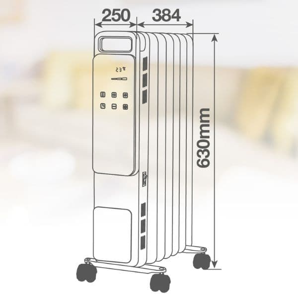Olejový radiátor 4 režimy max 1500W termostat 5-30°C 7 žeber displej dálkové ovl. kolečka - náhled 4
