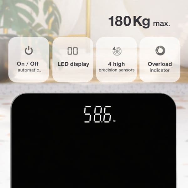 Digitální váha Väline Kocarli, max 180kg, na 3 baterie AAA, tvrzené sklo, černá - náhled 2