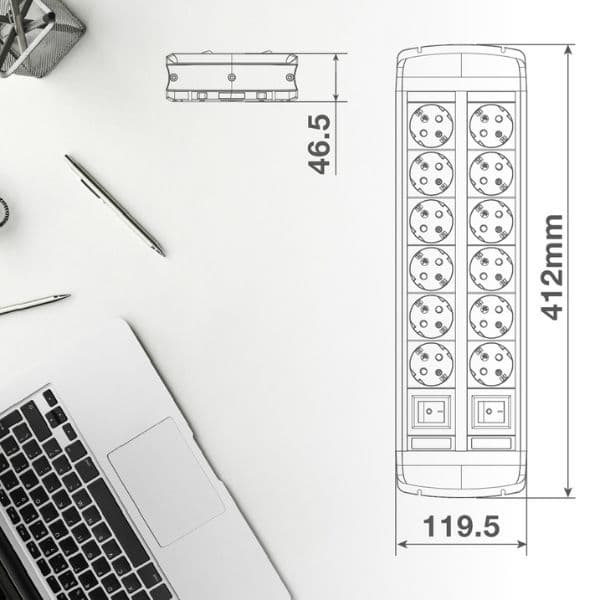 SCHUKO prodlužovací kabel s přepěťovou ochranou 12 zásuvek, 1,4m, černý, 2 vypínače 3G1.5 - náhled 3