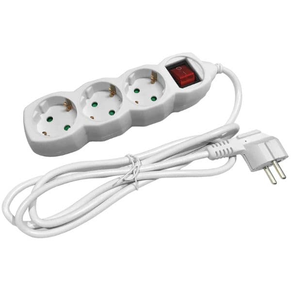 SCHUKO prodlužovací kabel - 3 zásuvky, 1,5m, bílý s vypínačem 3G1.5