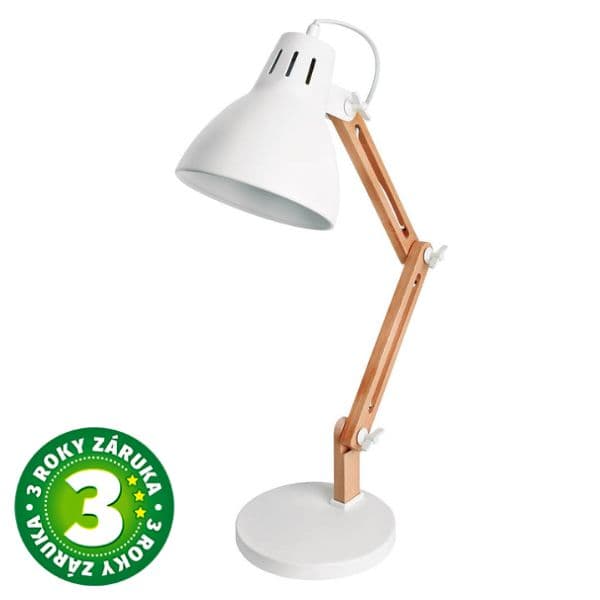 Kloubová stolní lampa Hamu, na 1 žárovku E27 max 11W, dřevo a bílý kov