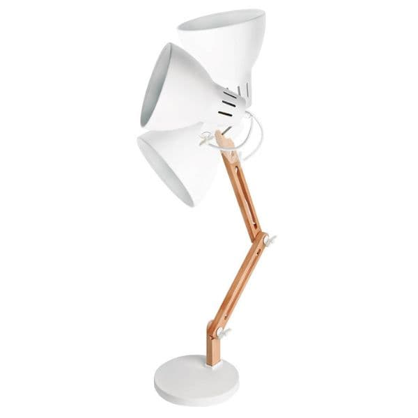 Kloubová stolní lampa Hamu, na 1 žárovku E27 max 11W, dřevo a bílý kov - náhled 2