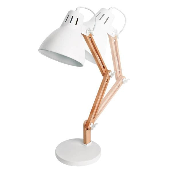 Kloubová stolní lampa Hamu, na 1 žárovku E27 max 11W, dřevo a bílý kov - náhled 3