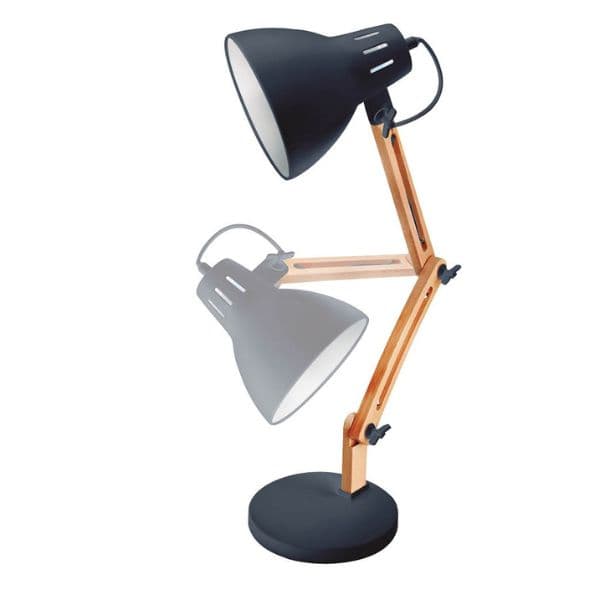 Kloubová stolní lampa Hamu, na 1 žárovku E27 max 11W, dřevo a černý kov - náhled 3