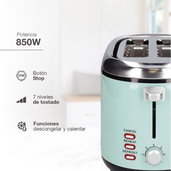 Retro topinkovač na 2 toasty Sindae 850W funkce přihřátí a rozmrazení, mint, 3 roky záruka - náhled 3