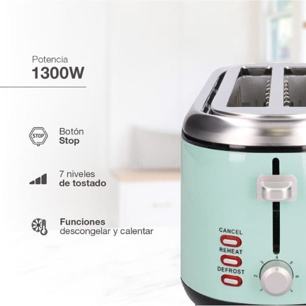 Retro topinkovač na 4 toasty Sindae XL 1300W funkce přihřátí a rozmrazení mint 3 roky zár. - náhled 2