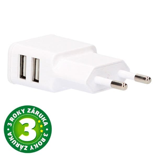 USB nabíjecí adaptér do sítě 5V/2A, 2xUSB A, bílý, 3 roky