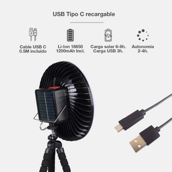 Malý ventilátor se světlem, nabíjecí, přenosný, USB, 4W, 3 rychlosti, 250lm, 3 roky záruka - náhled 3