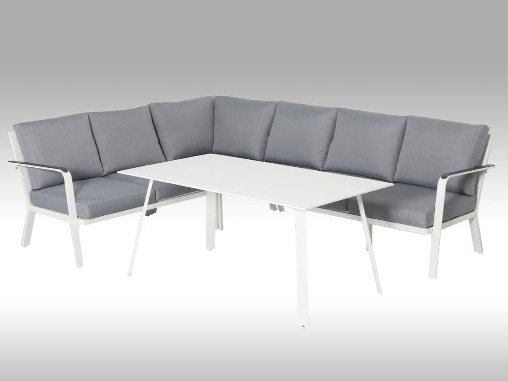Zahradní set – hliníková sedací a jídelní souprava Sanchez 2v1 bílá 5 osob 268x207cm - náhled 2