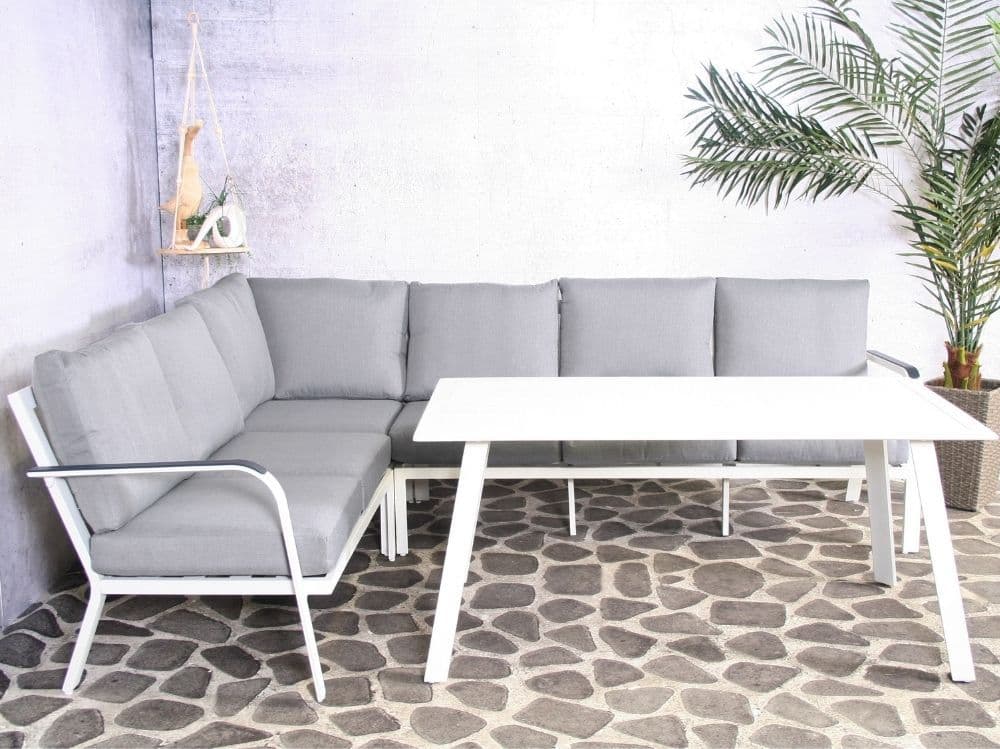 Zahradní set – hliníková sedací a jídelní souprava Sanchez 2v1 bílá 5 osob 268x207cm - náhled 4