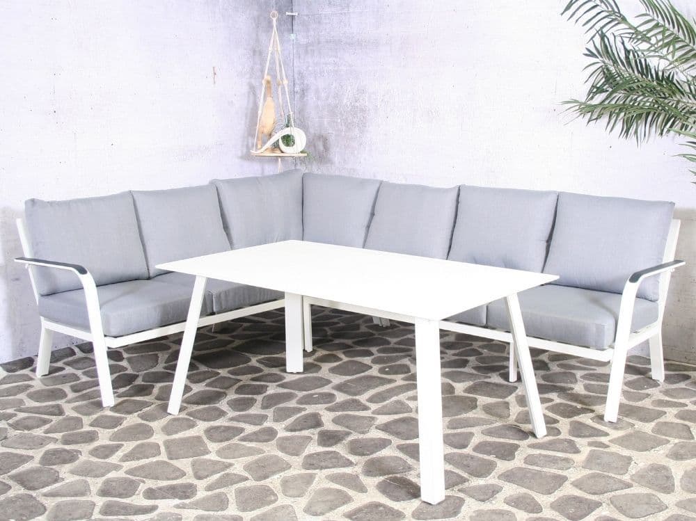 Zahradní set – hliníková sedací a jídelní souprava Sanchez 2v1 bílá 5 osob 268x207cm - náhled 5