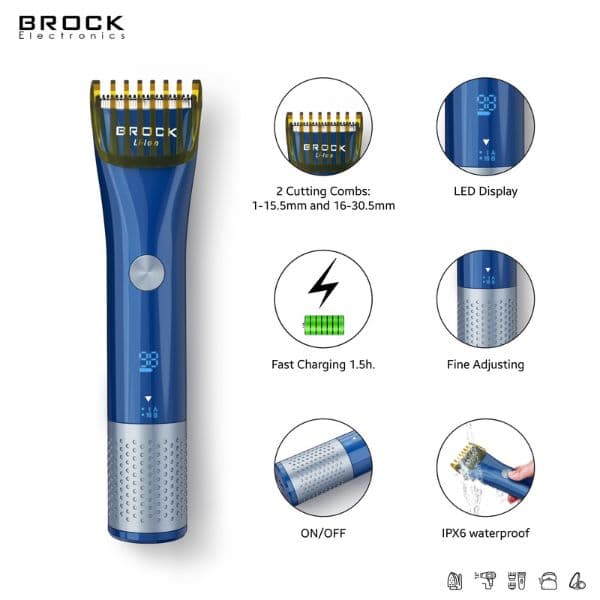 Zastřihovač vlasů Brock, nabíjecí, digitální displej, 2 nástavce, střih 1-30mm, voděodolný - náhled 4