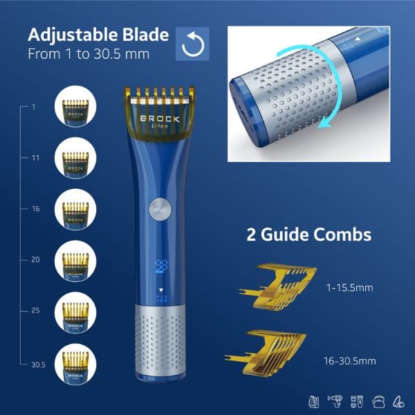 Zastřihovač vlasů Brock, nabíjecí, digitální displej, 2 nástavce, střih 1-30mm, voděodolný - náhled 5