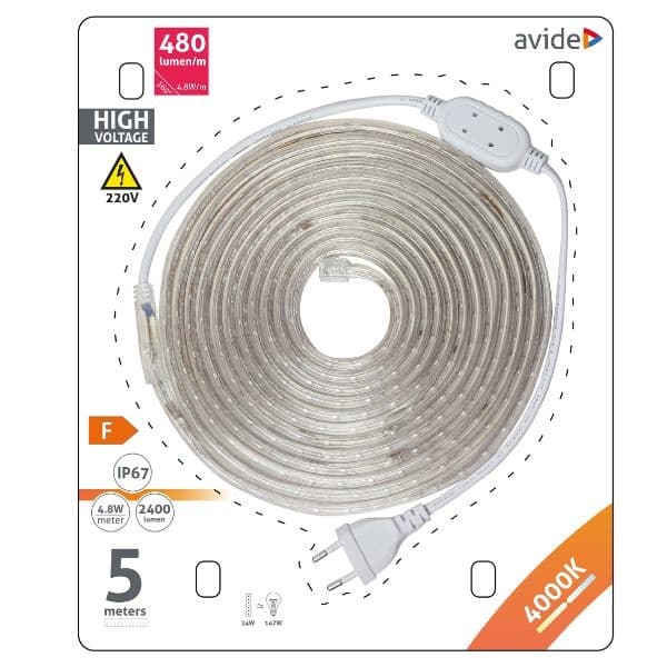 Set: voděodolný LED pásek 220V, 4,8W/m, denní, IP67, délka 5m se zástrčkou do zásuvky