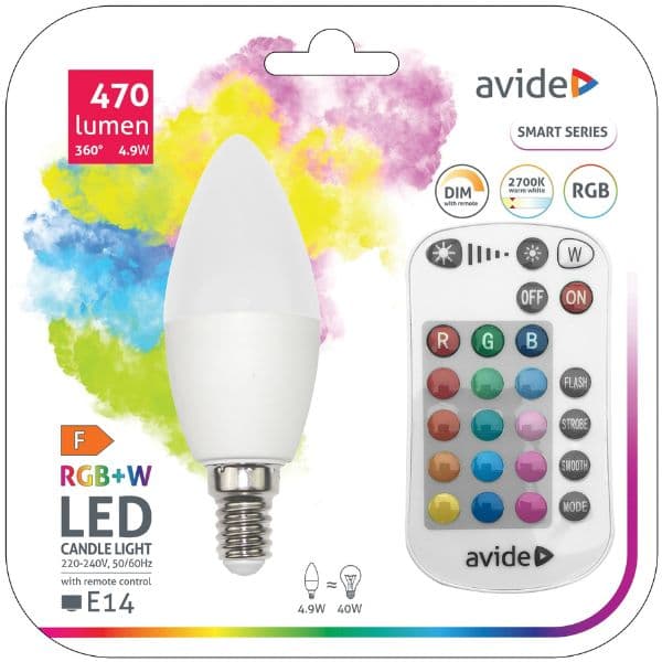 Chytrá LED žárovka E14 4,9W RGB+W, stmívatelná, s dálkovým ovládáním, ekv. 40W, 3 roky