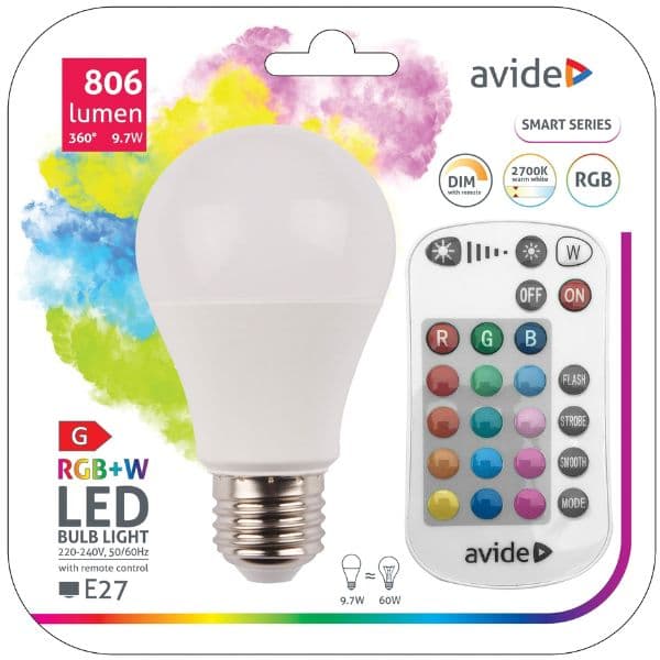 Chytrá LED žárovka E27 9,7W RGB+W, stmívatelná, s dálkovým ovládáním, ekv. 60W, 3 roky