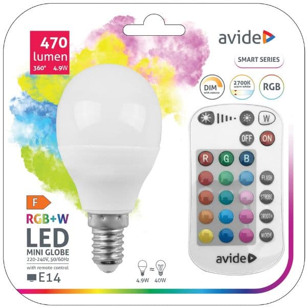 Chytrá LED žárovka E14 4,9W RGB+W, stmívatelná G45 s dálkovým ovládáním, ekv. 40W, 3 roky
