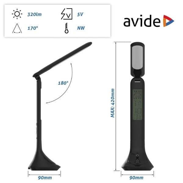 Nabíjecí stmívatelná LED stolní lampa s displejem, 5W 280lm denní světlo, černá - náhled 3