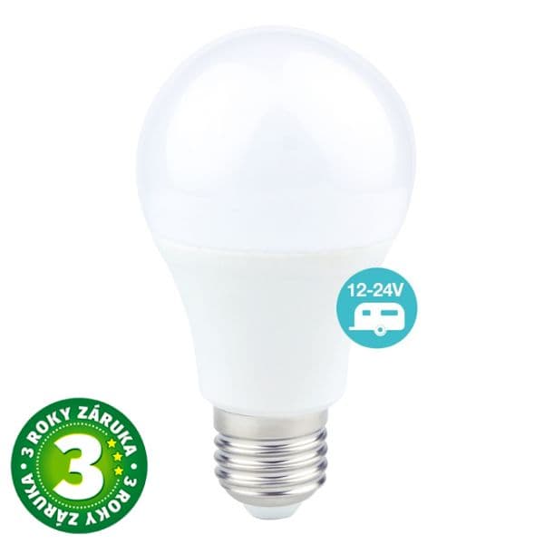 Prémiová LED žárovka E27 12W 1160lm 12V-24V AC/DC, studená, ekvivalent 81W, 3 roky