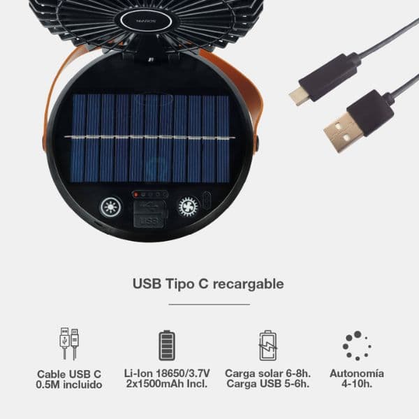 Malý solární ventilátor se světlem, nabíjecí, USB, 10W, 3 rychlosti, 700lm, 3 roky záruka - náhled 3