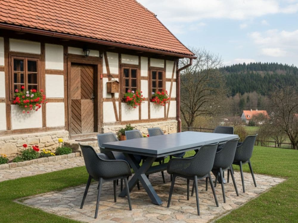 Hliníkový zahradní nábytek rozkládací stůl Gerardo 205/265cm a 8 designových křesel Jasper