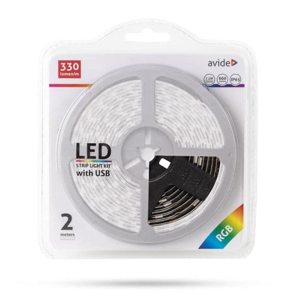 Set: voděodolný LED pásek 7,2W/m, 330lm/m, RGB, délka 2m, s ovladačem a USB koncovkou