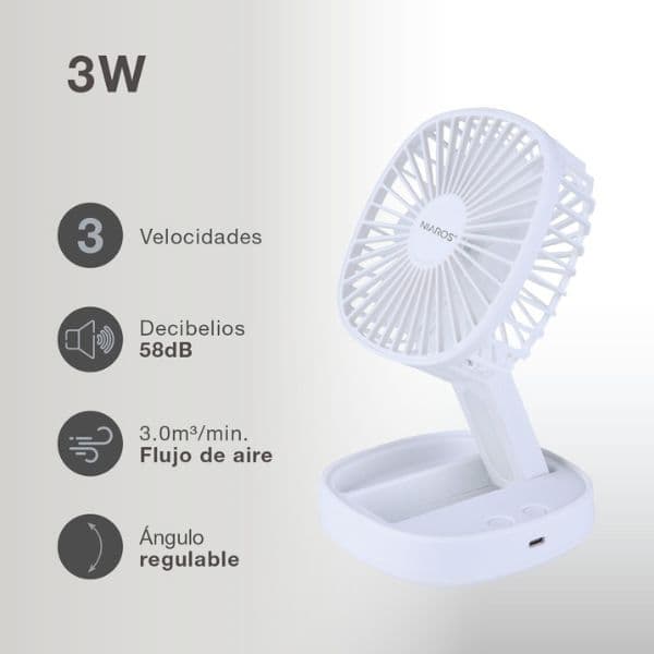 Skládací ruční ventilátor se světlem, nabíjecí, USB, 3W, 3 rychlosti, 100lm, 3 roky záruka - náhled 2