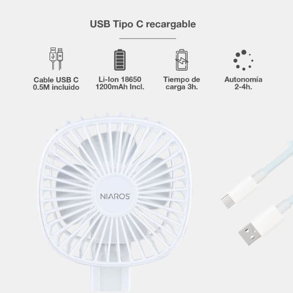 Skládací ruční ventilátor se světlem, nabíjecí, USB, 3W, 3 rychlosti, 100lm, 3 roky záruka - náhled 3